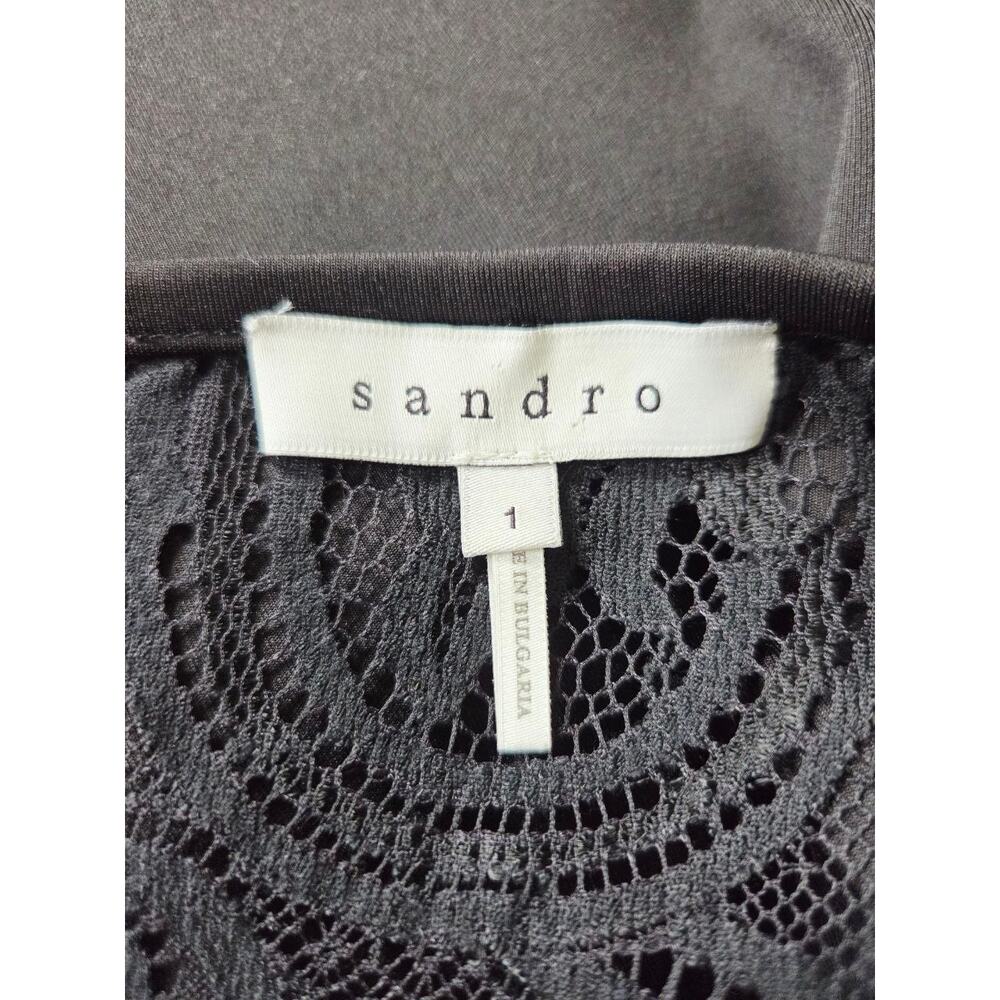 Sandro Black Mini Dress 4 Small Sheath Pencil Short Sleeves Lace Yoke - Picture 10 of 13